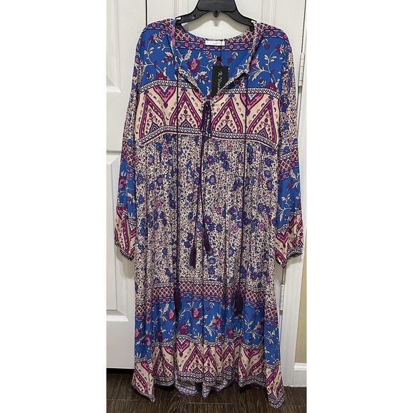 NWT R.Vivimos Long Sleeve Floral Retro V Neck Tassel Bohemian Dresses, XL 16/18 - Picture 1 of 11